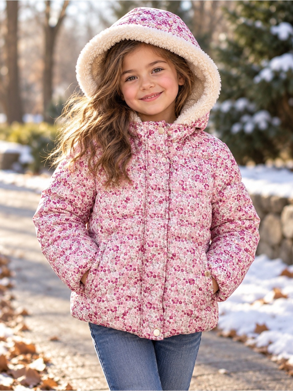 Tahari Girls Size 6 Pink Floral Puffer Jacket Sherpa Lined Hood Winter Coat